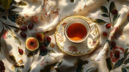 Overhead view of an elegant tea scene, porcelain teacup with gold edging on embroidered fabric, figs and raisins scattered around, ambient soft light casting gentle shadows.