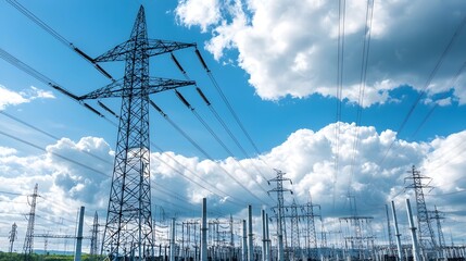 High voltage electricity transmission pole standing tall in an industrial zone surrounded by various power stations and electrical infrastructure in the backdrop