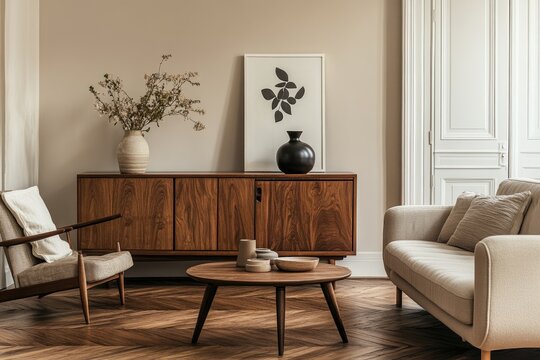 Modern, warm living room with mid-century modern elements.  Neutral color palette with wooden furniture and natural elements