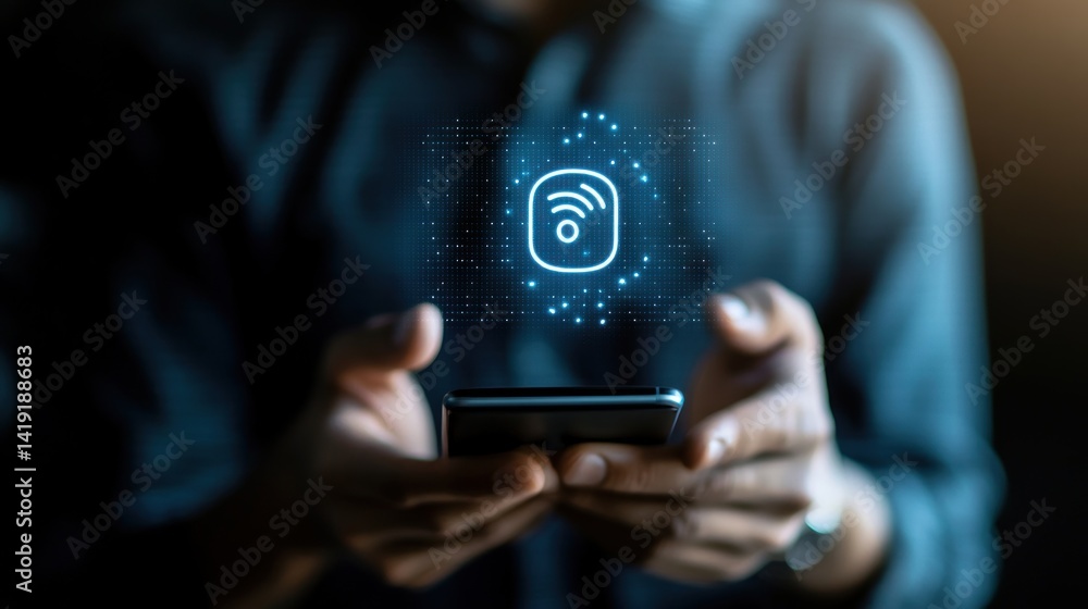 Aufkleber Wireless device control via smartphone.  Hands hold a phone displaying a network icon