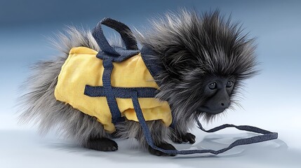 A fluffy black and gray dog wearing a yellow and blue harness, standing on a light gray background. The dog's fur appears slightly pixelated or textured