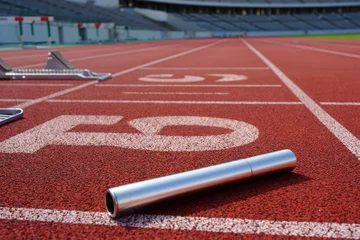 Gordijnen Sports, track and closeup of baton in a stadium for a relay race, marathon or competition. Fitness, running and zoom of athletic equipment on the ground for cardio training, workout or exercise. © alisaaa