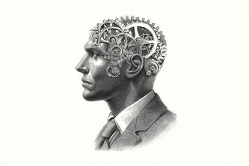 Illustrative Head of Man with Brain Gears