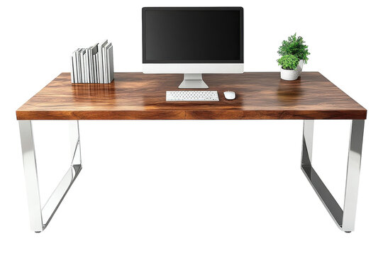 Modern walnut wood desk with chrome legs iMac keyboard mouse plant perfect for home office or on transparent background