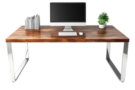 Modern walnut wood desk with chrome legs iMac keyboard mouse plant perfect for home office or on transparent background
