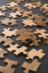 Wooden Puzzle Pieces Scattered on Dark Surface