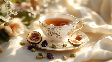 Fototapeta premium Side angle view of elegant tea setting, vintage porcelain cup with gold detail, figs, raisins, pistachios arranged on delicate cloth, soft ambient light with warm color tone.