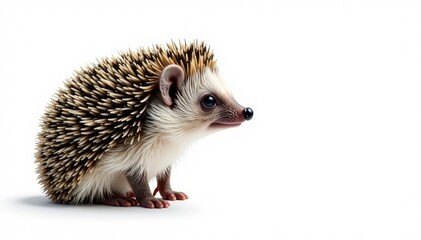 Obraz premium A single hedgehog, facing right, against a stark white backdrop, image, cute hedgehog, wildlife photography