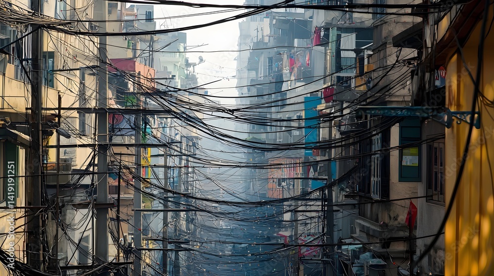 Poster a bustling urban street lined with a dense network of interconnected power poles and electrical wire
