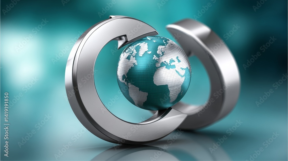 Poster metallic arrow encircling teal globe: abstract 3d rendering of global connection and circularity