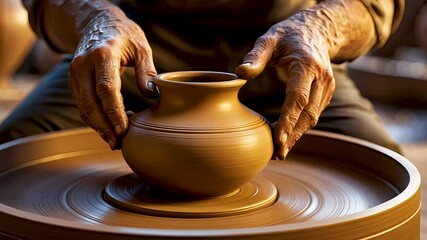 Hands shaping clay vase on spinning pottery wheel in artisan workshop
