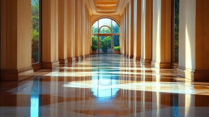 Fototapeta premium Sunlit path: A serene indoor promenade with architectural columns and light reflection