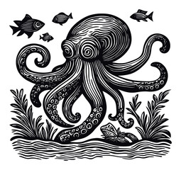 Detailed Engraving of an Octopus Surrounded by Underwater Life