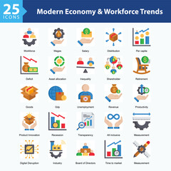 Modern Economy & Workforce Trends is a collection of icons in sheet format showcasing modern economic dynamics, workforce trends, and digital shifts in global industries.