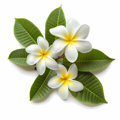 Fototapeta premium White flowers with yellow centers surrounded by lush green leaves, tropical elegance, natural beauty, serene arrangement