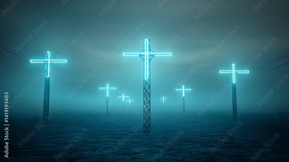 Poster futuristic cityscape with neon lit utility poles creating a cyberpunk inspired urban environment sky