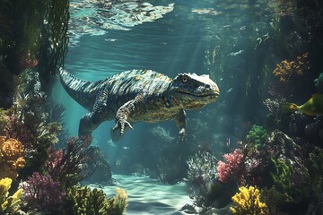 dinosaur swimming in a water