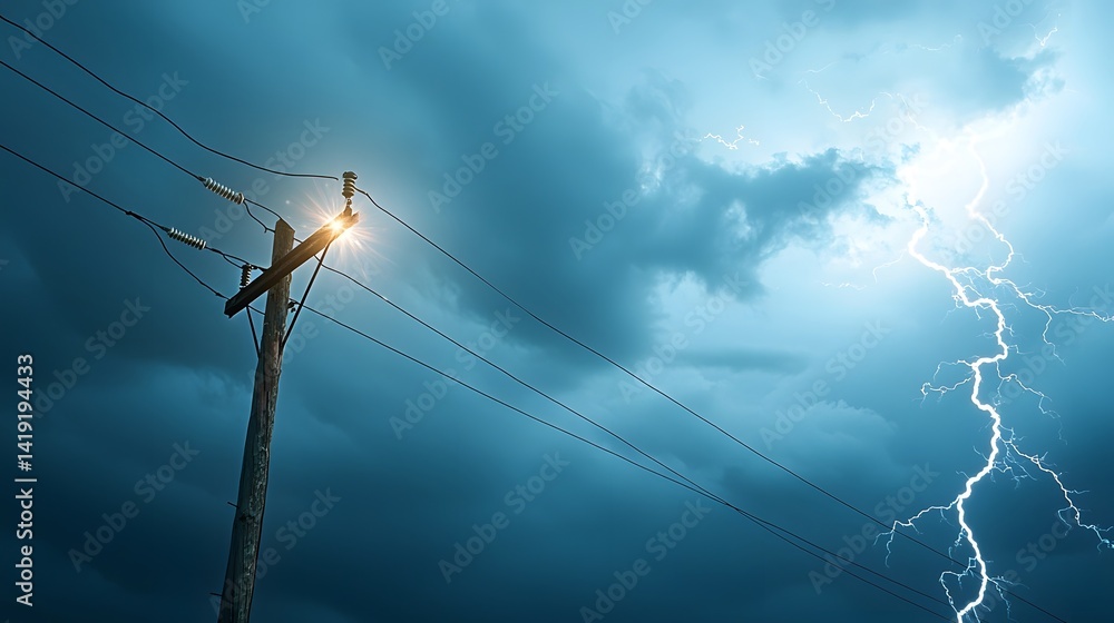 Poster dramatic thunderstorm scene with a lightning bolt striking the metal frame of a utility pole creatin