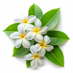 Fototapeta premium White flowers with yellow centers, lush green leaves, elegant arrangement on white background, tropical serenity.