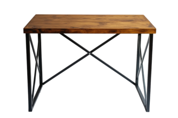 Stylish modern coffee table with rich brown wooden top and geometric black metal base against on transparent background