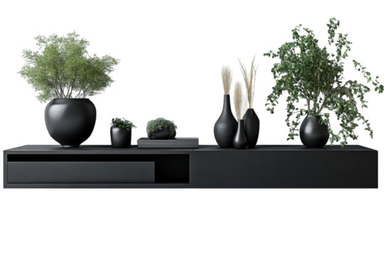 Stylish dark grey console table with potted plants and vases a minimalist home decor on transparent background