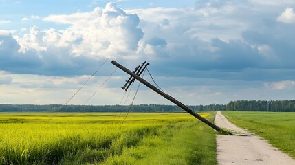 Broken and dilapidated wooden utility pole leaning dangerously after a heavy storm caused significant damage and disruption to the power grid infrastructure
