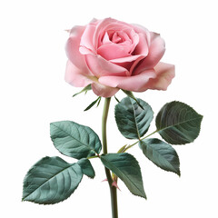 Delicate pink rose with lush green leaves on white background symbolizing elegance and romance.