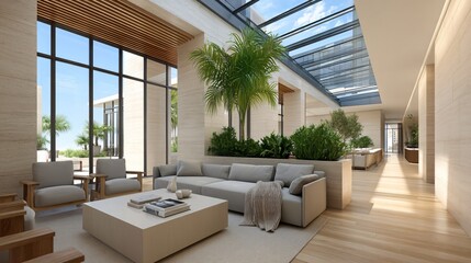 Fototapeta premium A Scandinavian-style lounge with light grey sofa, knitted throw blanket, wood-and-white coffee table, skylight, indoor greenery, and textured accent wall in sunny daylight
