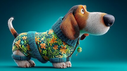 Playful basset hound, pixel art style, teal background, wearing a colorful shirt, 3D rendering