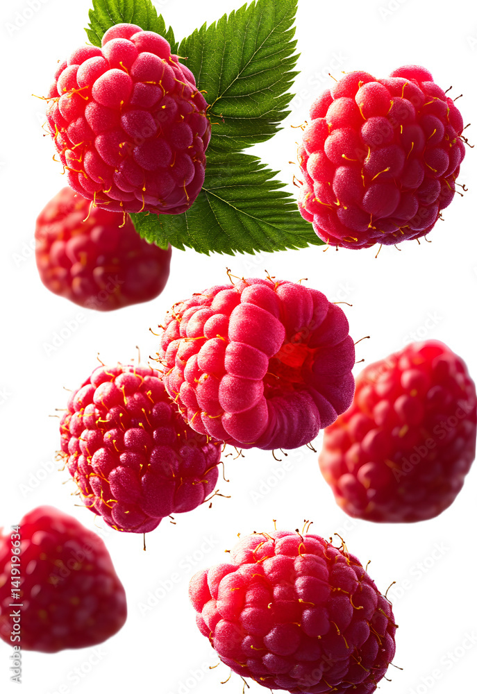 Poster raspberry isolated png. raspberries with leaf flying on transparent background. raspberry fall. fall