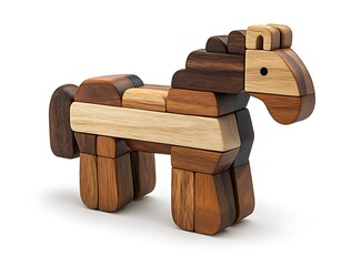 Wooden horse puzzle sculpture with natural tones for educational and decorative use.