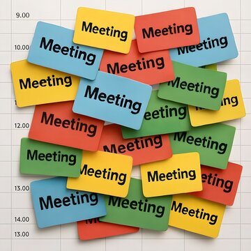 A visually striking grid of overlapping meetings represented by various colored blocks, symbolizing the disorganized chaos of self-managed scheduling
