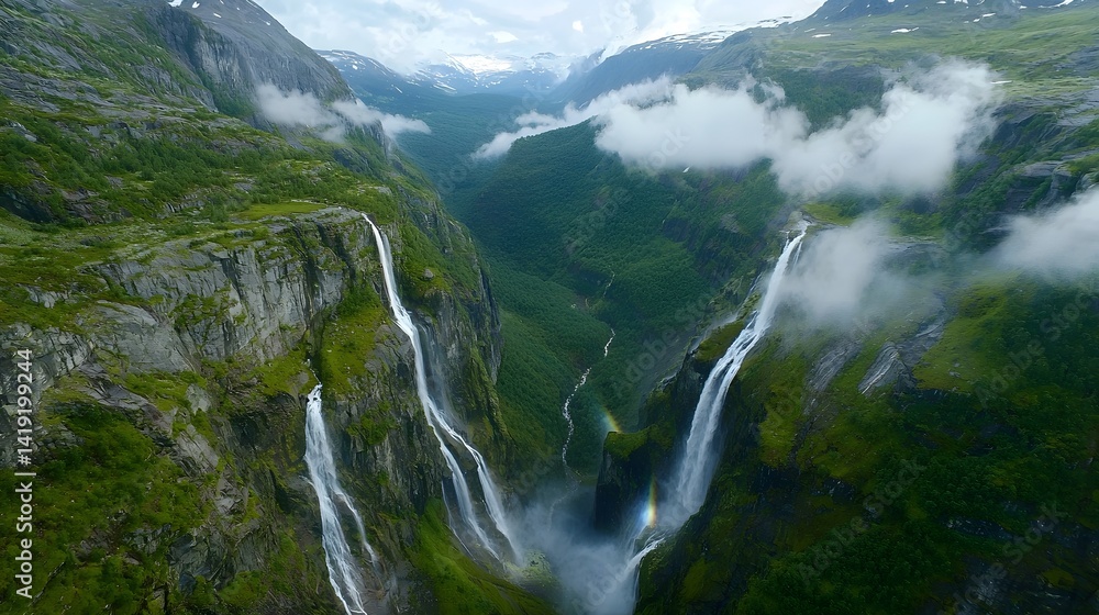 Poster Towering waterfalls cascading down moss covered cliffs with a rainbow forming in the mist creating a serene and ethereal natural landscape