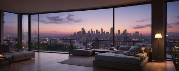 Fototapeta premium Stunning city skyline panorama from lavish penthouse suite, architecture, penthouse