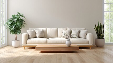 A minimalist living room with cream sofa, walnut coffee table, skylight, snake plant, and sunlight patterns on wood floors