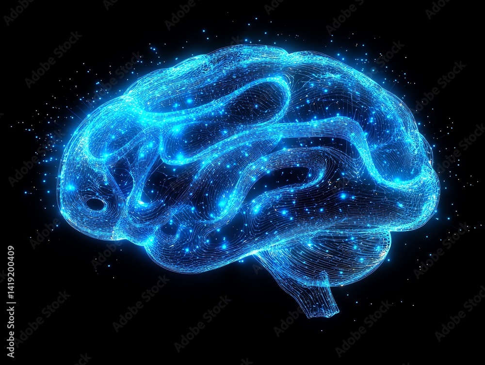 Poster abstract digital brain representation with glowing blue lines and particles. perfect for technology,