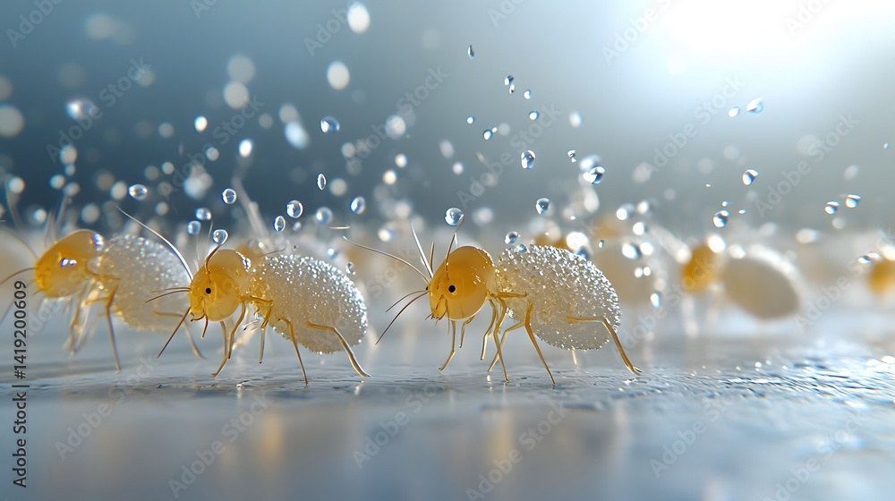 Poster highly detailed visualization of dust mites crawling on household surfaces micro level view of these