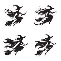 Witch on Broom Silhouette - Minimalist Black Vector Icon for Halloween Designs