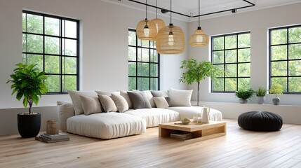Fototapeta premium A sunlit cozy modern living room with plush sectional sofa, neutral throw pillows, light oak floors, floor-to-ceiling windows letting in warm daylight, leafy indoor plants, and a minimalist