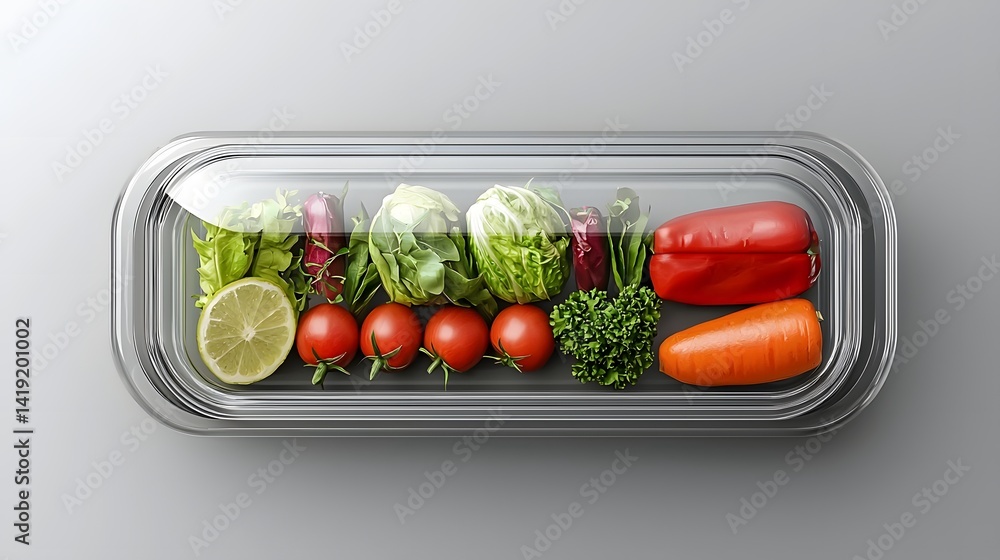 Poster sleek and contemporary transparent packaging display showcasing fresh food products with minimal tex
