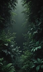 Mysterious lush foliage in shades of black and emerald green; bold, elegant , illustration, jungle