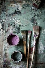 Aged Palette with Paint and Brushes