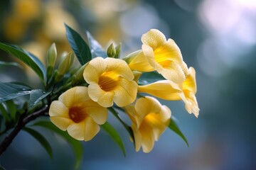 Obraz premium Blooming Yellow Allamanda Flower with Water Droplets in Soft Sunlight