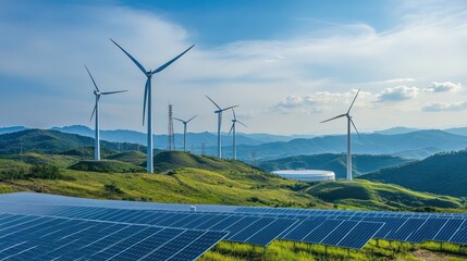 Panoramic view of wind turbines and solar panels nestled among rolling hills