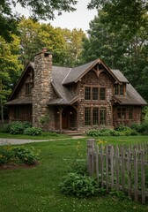 Fototapeta premium Stone and Wood Cabin in a Lush Green Setting