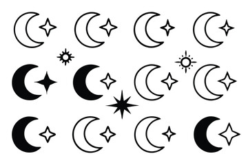 Black Crescent and Star Designs and Islamic Moon Symbol Icons.