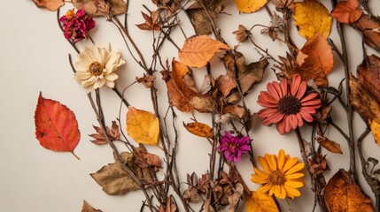 Autumnal Still Life with Dried Flowers and Leaves on Neutral Background