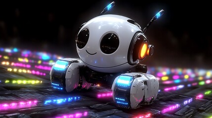 Fototapeta premium Cute Robot on Neon Glowing Surface