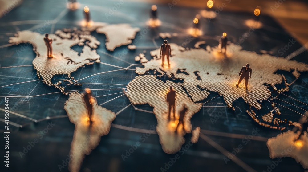 Poster global network of people connected by lines on a world map