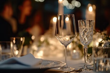 Elegant table setting with wine glasses, candles, and white linens at a romantic dinner